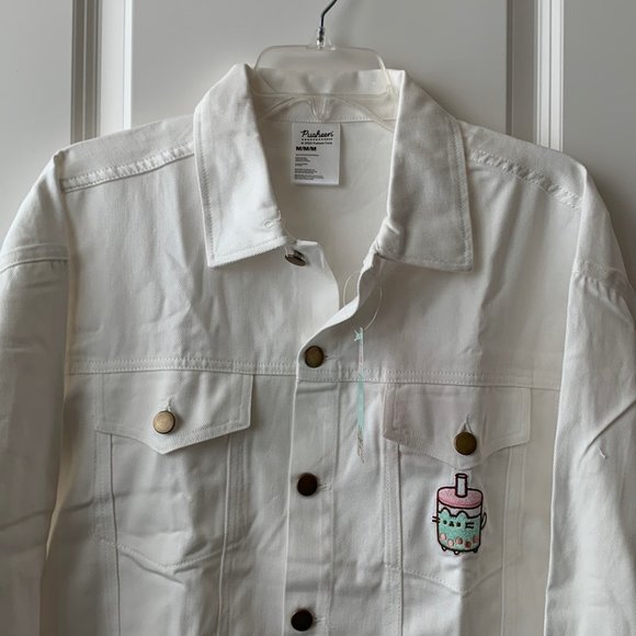 PUSHEEN CAT Boba Embroidered White Denim Jacket Sz M - Picture 2 of 7